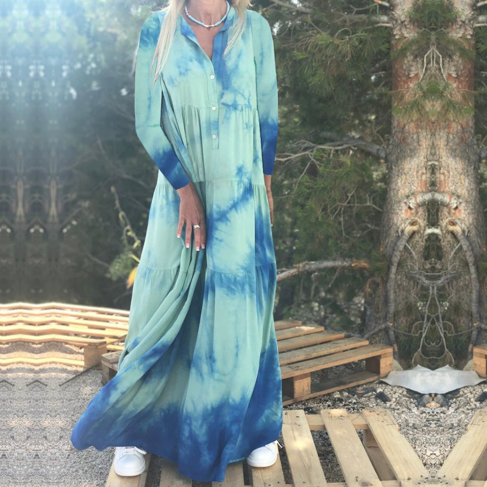 ZARA Stylish Printed Slim Lapel Collar Long Sleeve Maxi Dress